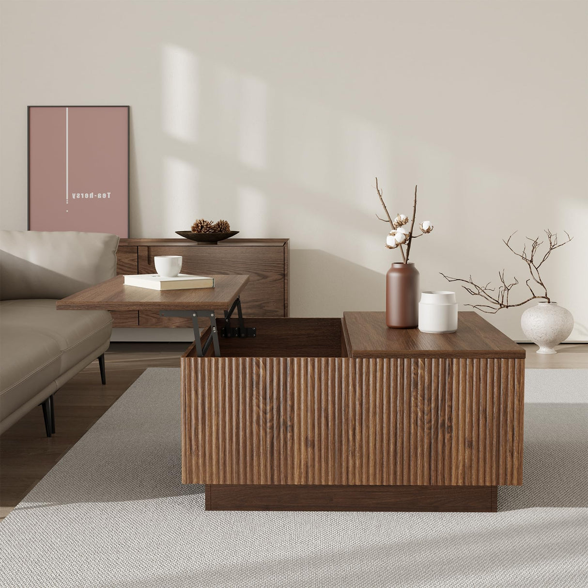 Epecoya Lift Top Coffee Table, Farmhouse Square Fluted Center Table, 31" Modern Wooden Tea Table with Hidden Storage for Living Room, Apartment, Small Spaces, Brown Walnut Epecoya