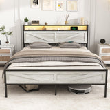 Halitaa Queen Size Bed Frame with LED Lights and Charging Station in Antique White Halitaa