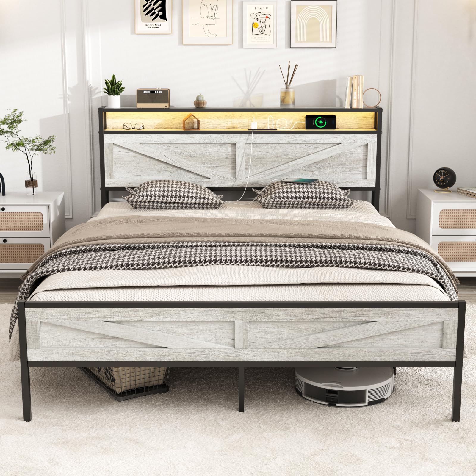 Halitaa Queen Size Bed Frame with LED Lights and Charging Station in Antique White - WoodArtSupply