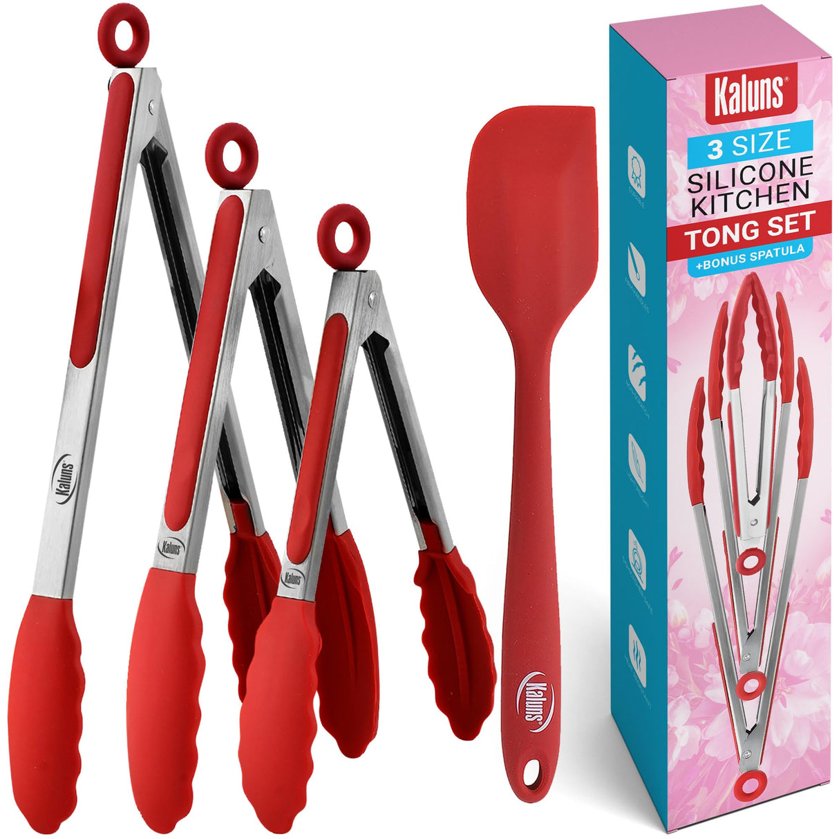 Kaluns Kitchen Tongs for Cooking Grilling Set of 4, BBQ Grill Tongs With Silicone Tip Stainless Steel Heat Resistant, Non-stick Pull Lock, Incl 7, 9, 12 Inch Tong Plus a Silicone Spatula Kaluns