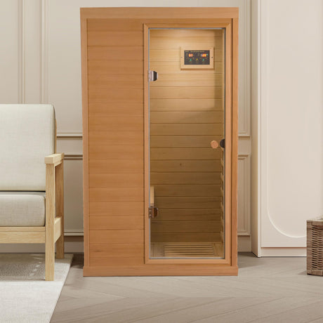 Xmatch Far Infrared Wooden Sauna Room, 1-Person Size Right Bench, with 1050W, 6 Heating Plates, 10-15 Minutes Pre-Warm up Xmatch