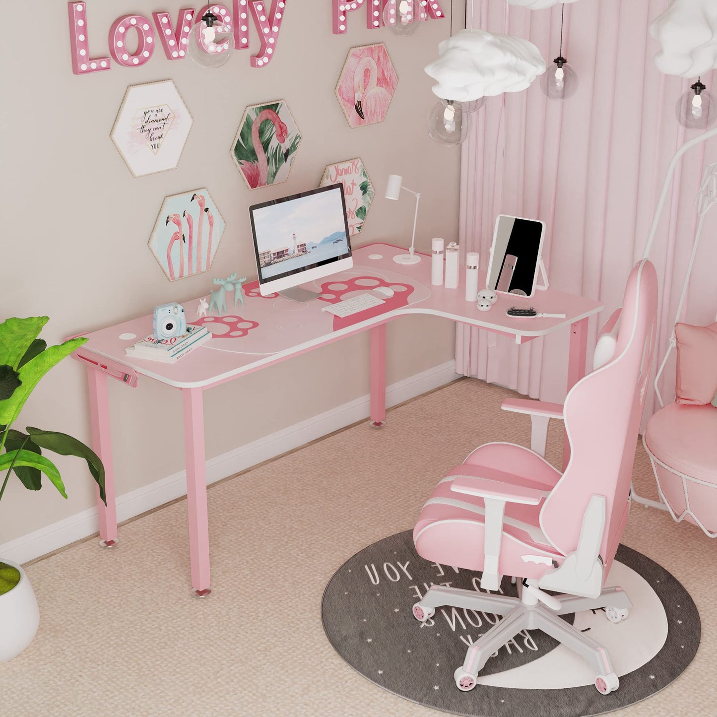 It's_Organized 61 Inch L Shaped Gaming Desk,Space-Saving Corner Desk with Cat Paw Mousepad,Modern PC Computer Study Writing Table for Girl,Easy to Assemble,Pink