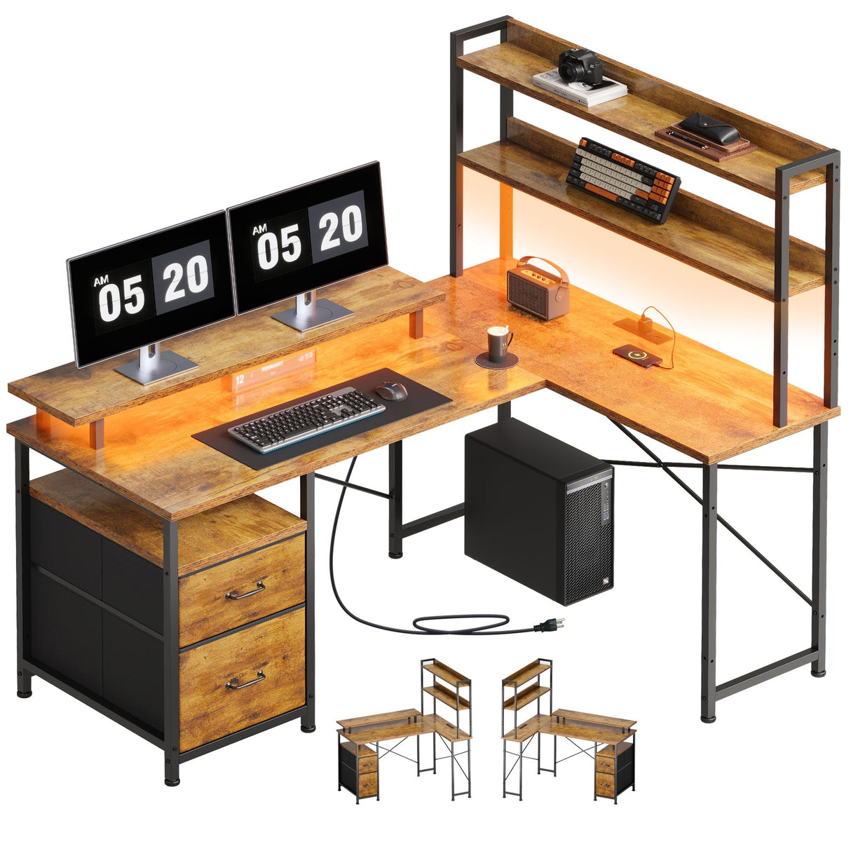 Maihail L Shaped Desk with Shelves,Reversible Computer Desk with LED Lights and Charging Station,Home Office Corner Desk with Monitor Stand,Brown2 Maihail