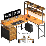 Maihail L Shaped Desk with Shelves,Reversible Computer Desk with LED Lights and Charging Station,Home Office Corner Desk with Monitor Stand,Brown2 Maihail