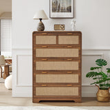 RUSTYER 43" Tall Dresser for Bedroom, 5 Drawer Mid Century Modern Dresser with Natural Linen, Curved Wood Chest of Drawers Closet Clothes Storage Organizer for Living Room, Hallway (Walnut) RUSTYER