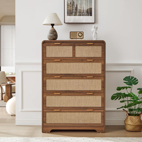 RUSTYER 43" Tall Dresser for Bedroom, 5 Drawer Mid Century Modern Dresser with Natural Linen, Curved Wood Chest of Drawers Closet Clothes Storage Organizer for Living Room, Hallway (Walnut) RUSTYER
