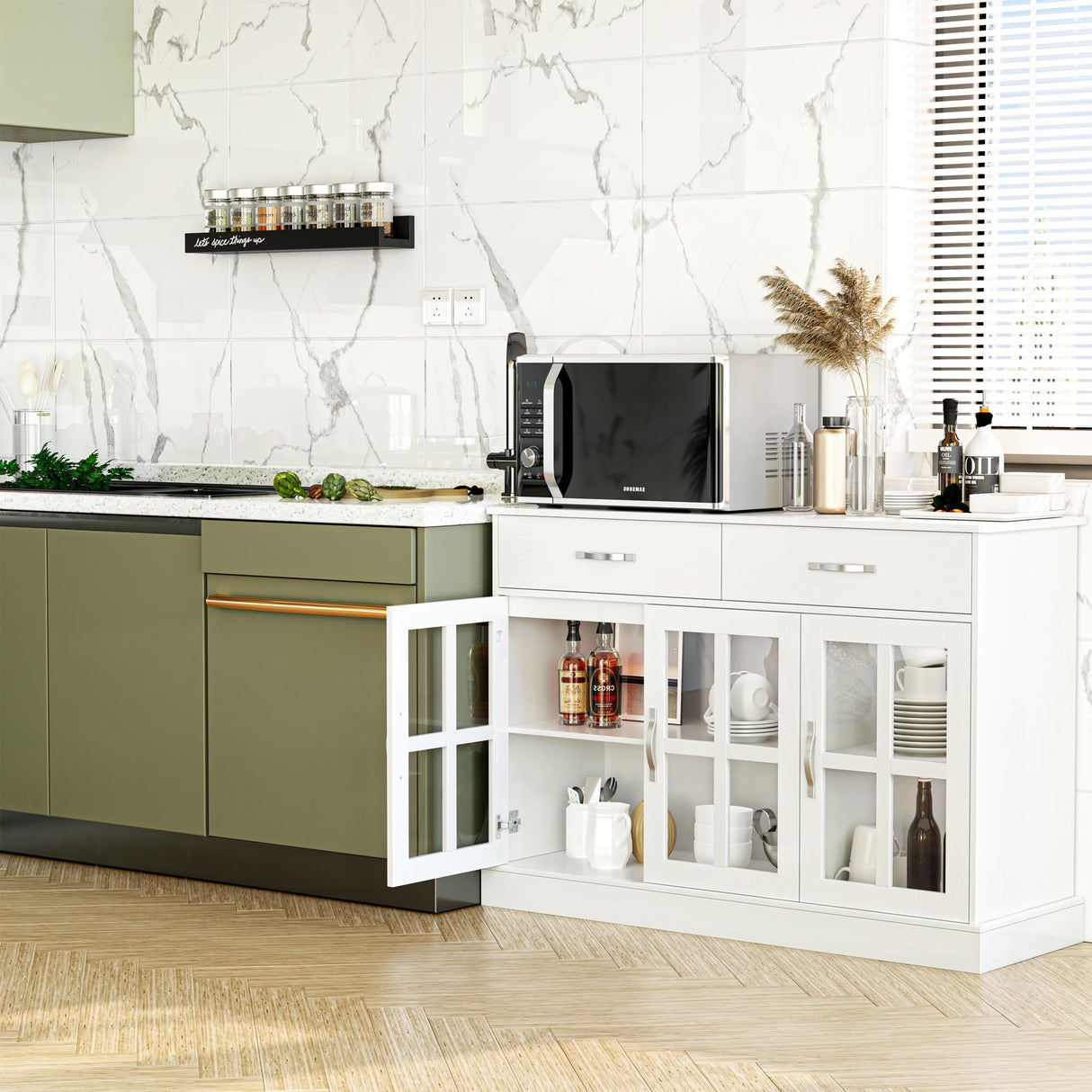FOTOSOK Sideboard Buffet Cabinet with Glass Doors, Buffet Sideboard Kitchen Sideboard Cabinet Buffet Table with 2 Storage Drawers & Shelves for Dining Living Room, White FOTOSOK