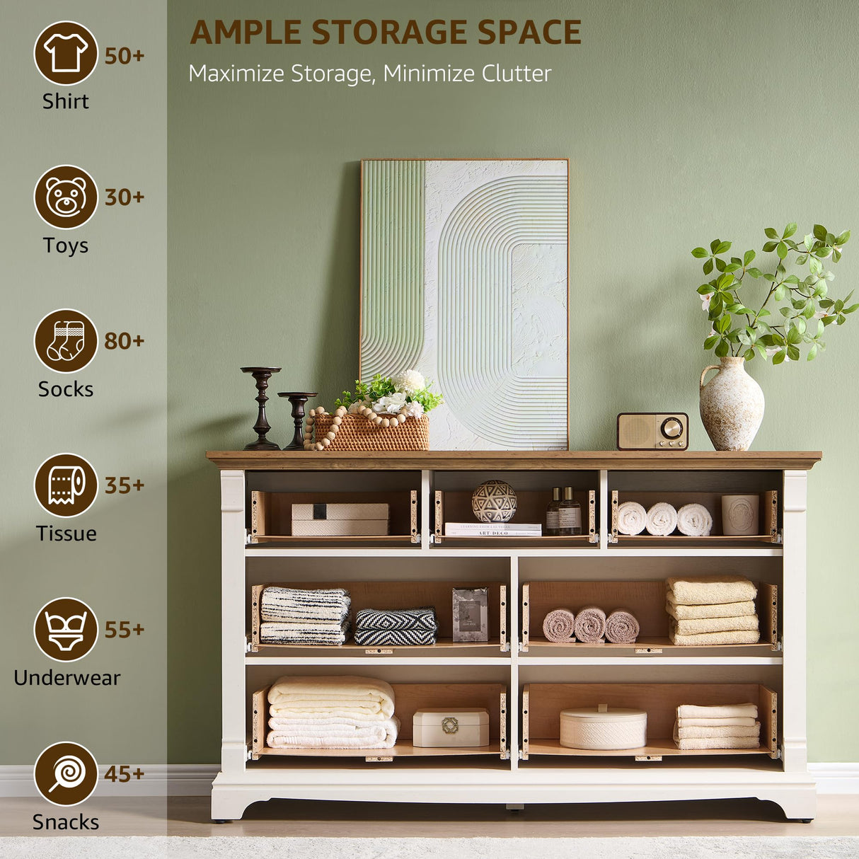 T4TREAM Farmhouse 7 Drawers Dresser for Bedroom, 54" Wide Wood Rustic Chest of Drawers w/Roman Column, Wooden Storage Dressers Organizer for Bedroom, Living Room, Closet, Antique White T4TREAM