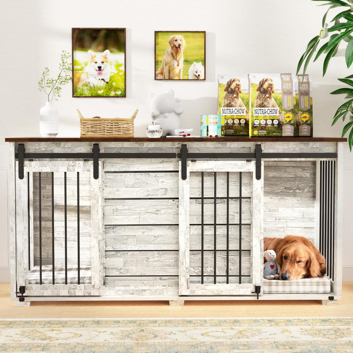 EBE Dog Crate Furniture, 63''Wooden Dog Kennel with Removable Divider and Sliding Door, Dog Crate with Double Rooms, Heavy Duty Dog Crate Table Indoor TV Stand for Small Medium Large Dogs EBE