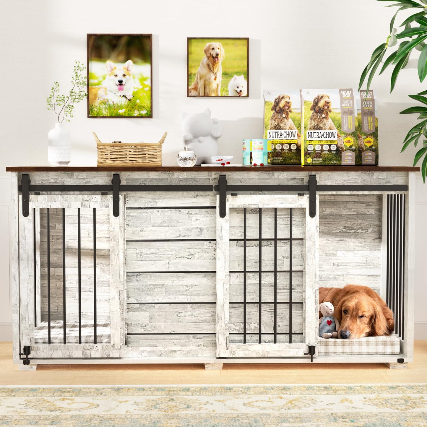 EBE Dog Crate Furniture, 63''Wooden Dog Kennel with Removable Divider and Sliding Door, Dog Crate with Double Rooms, Heavy Duty Dog Crate Table Indoor TV Stand for Small Medium Large Dogs - WoodArtSupply