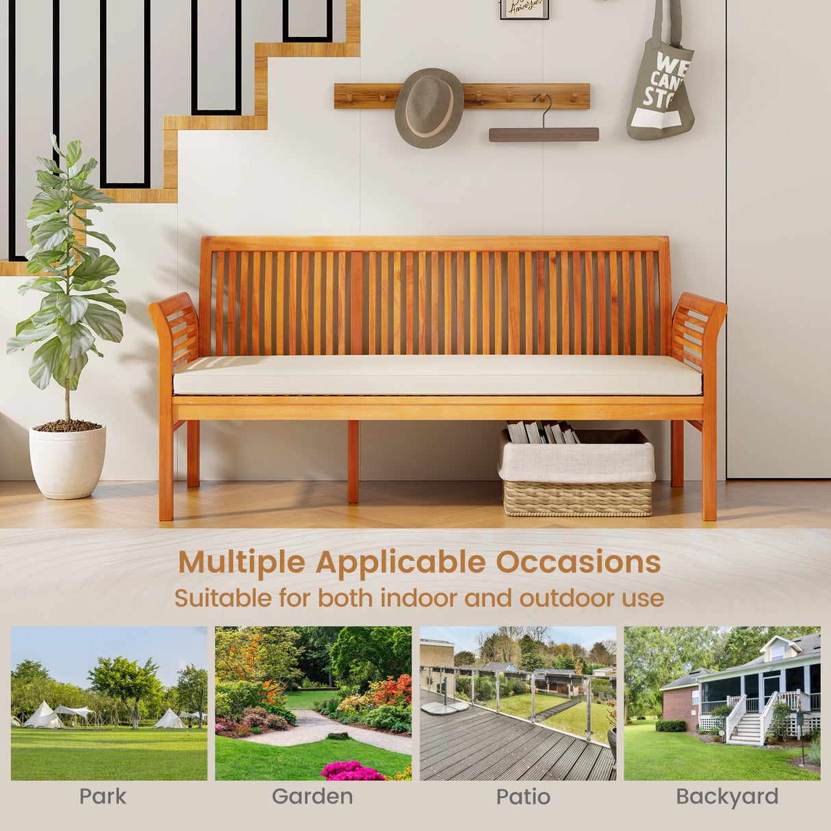 COSTWAY Wooden Outdoor Bench with White Cushion, Garden Bench with Curved Armrest & Slatted Back for Patio, Park & Porch, 23”x 62.5”x30.5” COSTWAY