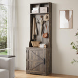 IDEALHOUSE Farmhouse Narrow Hall Tree with Bench, 23.6" Small Entryway Organizer with 5 Hooks, 2 Cubbies & Barn Door Shoe Storage Cabinet for Apartment, Mudroom, Hallway, Grey IDEALHOUSE