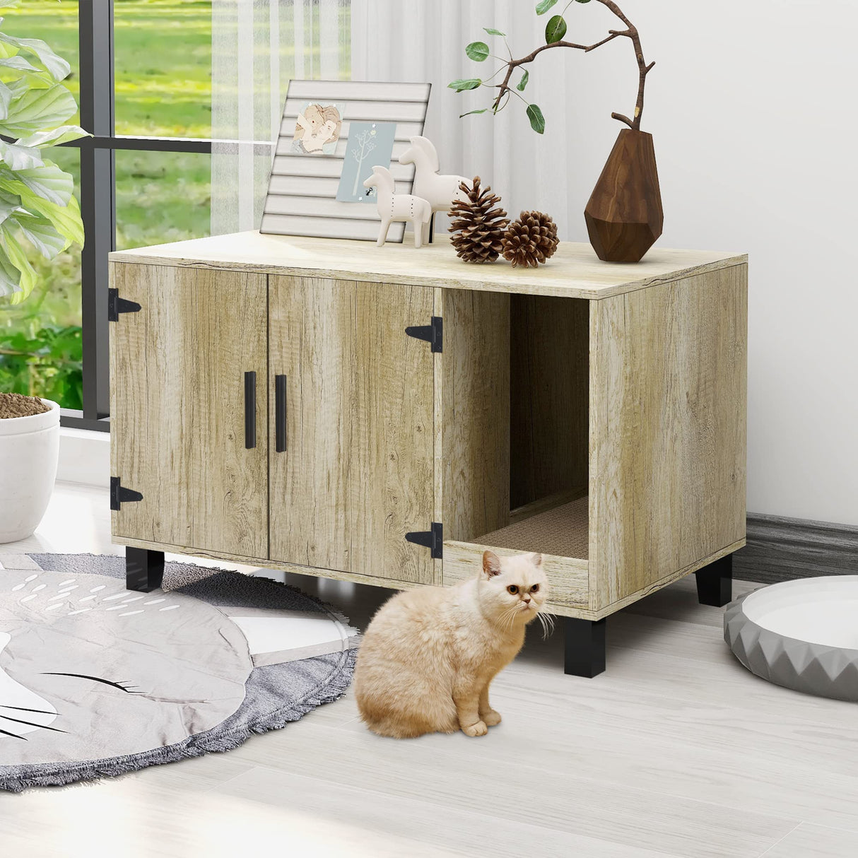TaoHFE Litter Box Enclosure Cat Litter Box Furniture Hidden with Cat Scratch Pad Decorative Farmhouse Wooden Hidden Litter Box Cat House Litterbox Furniture Cat Box Furniture Litter Box Cabinet Oak TaoHFE
