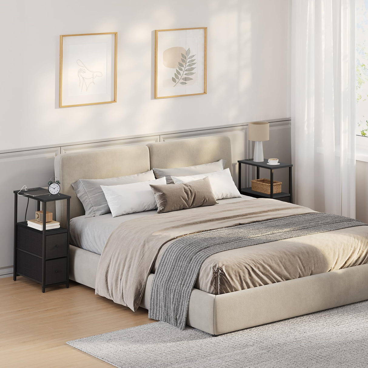 TUTOTAK Small Narrow End Table with Charging Station, Set of 2, Side Table with Outlets, Nightstand with 2 Cloth Drawers, Couch Table, for Living Room, Bedroom, Bedside, Black TB01BK055 TUTOTAK