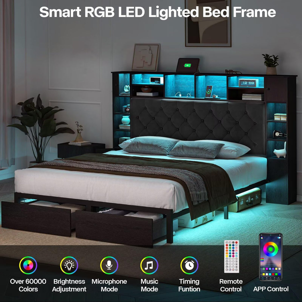 Siihnon Queen Bed Frame with Bookcase Headboard and Storage Drawers, 51.2" Metal Platform Queen Size Bed Frame with Charging Station and LED Lights, Velvet Upholstered Tufted Bed Frames, Black Siihnon