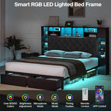 Siihnon Queen Bed Frame with Bookcase Headboard and Storage Drawers, 51.2" Metal Platform Queen Size Bed Frame with Charging Station and LED Lights, Velvet Upholstered Tufted Bed Frames, Black Siihnon