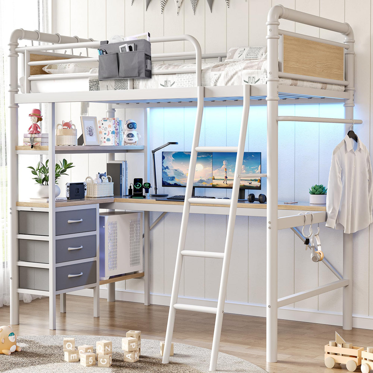 Jocoevol Twin Size Heavy Duty Metal Loft Bed with L-Shaped Desk, LED Lights,Charging Station, Industrial Loft Bed Frame with 3 Storage Shelves and 3 Fabric Drawers, Safety Guard & Ladder (White) Jocoevol