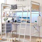 Jocoevol Twin Size Heavy Duty Metal Loft Bed with L-Shaped Desk, LED Lights,Charging Station, Industrial Loft Bed Frame with 3 Storage Shelves and 3 Fabric Drawers, Safety Guard & Ladder (White) Jocoevol