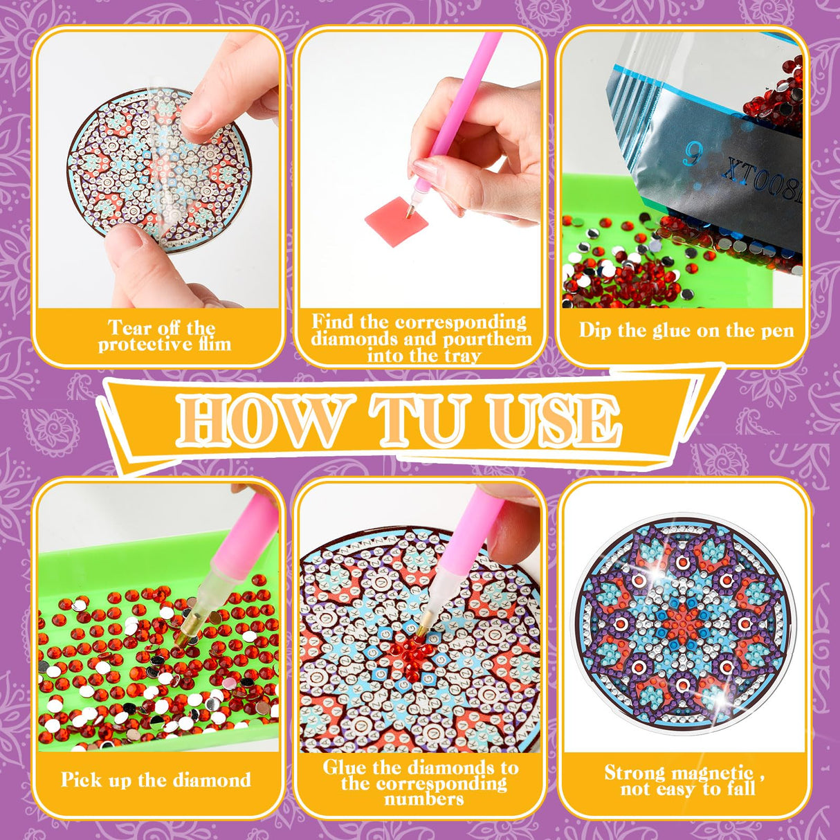 Saillong 24 Pcs Mandala Flower Diamond Painting Kit with Hooks Key Holder Adults Mandala Flower Art for Wall Decor DIY Decorations Diamond Art Painting Sticky Hooks for Towel Kitchen Decoration Saillong