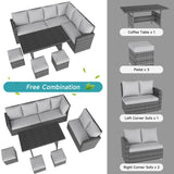 IDEALHOUSE 7 Pieces Outdoor Dining Set,Patio Sectional Sofa Conversation Set All Weather Wicker Rattan Couch Dining Table & Chair with Ottoman (Grey Rattan + Grey Cushions) IDEALHOUSE