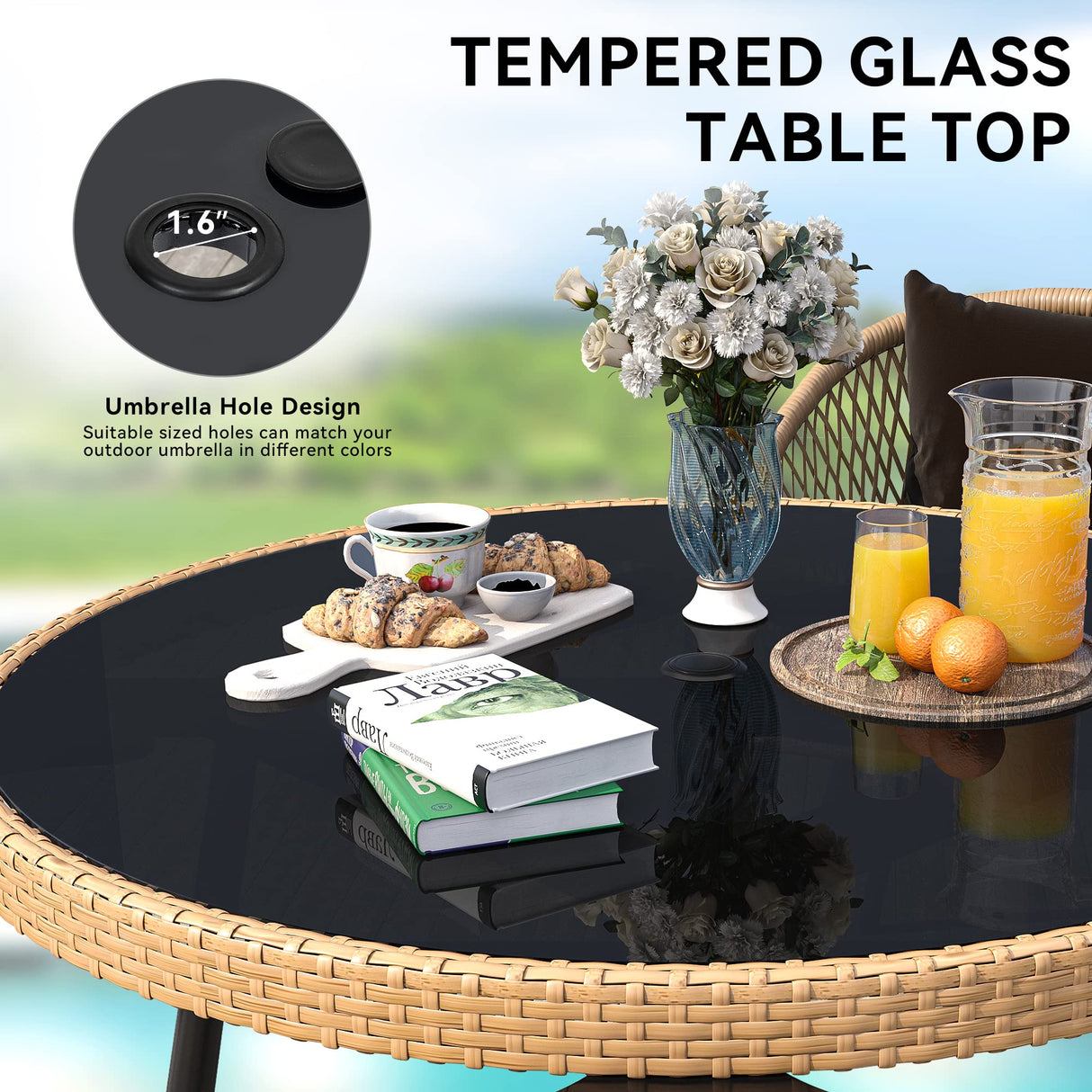 YITAHOME 5-Piece Outdoor Dining Set with Umbralle Hole, Rattan Patio Dinging Set for 4 with Cup Holders Soft Cushions and Glass Top Dining Table for Backyard Deck Bacony (Light Brown + Black) YITAHOME