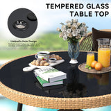 YITAHOME 5-Piece Outdoor Dining Set with Umbralle Hole, Rattan Patio Dinging Set for 4 with Cup Holders Soft Cushions and Glass Top Dining Table for Backyard Deck Bacony (Light Brown + Black) YITAHOME