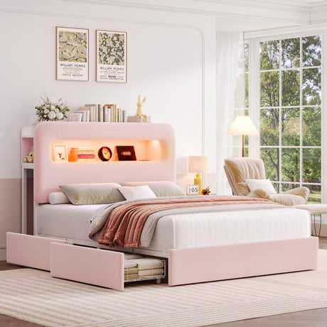 HOSTACK Full LED Bed Frame with Storage Headboard and Charging Station, Girls Bed Frame with 2 Drawers and USB Ports, Velvet Upholstered Platform Bed Frame with Bookcase, No Box Spring Needed, Pink HOSTACK