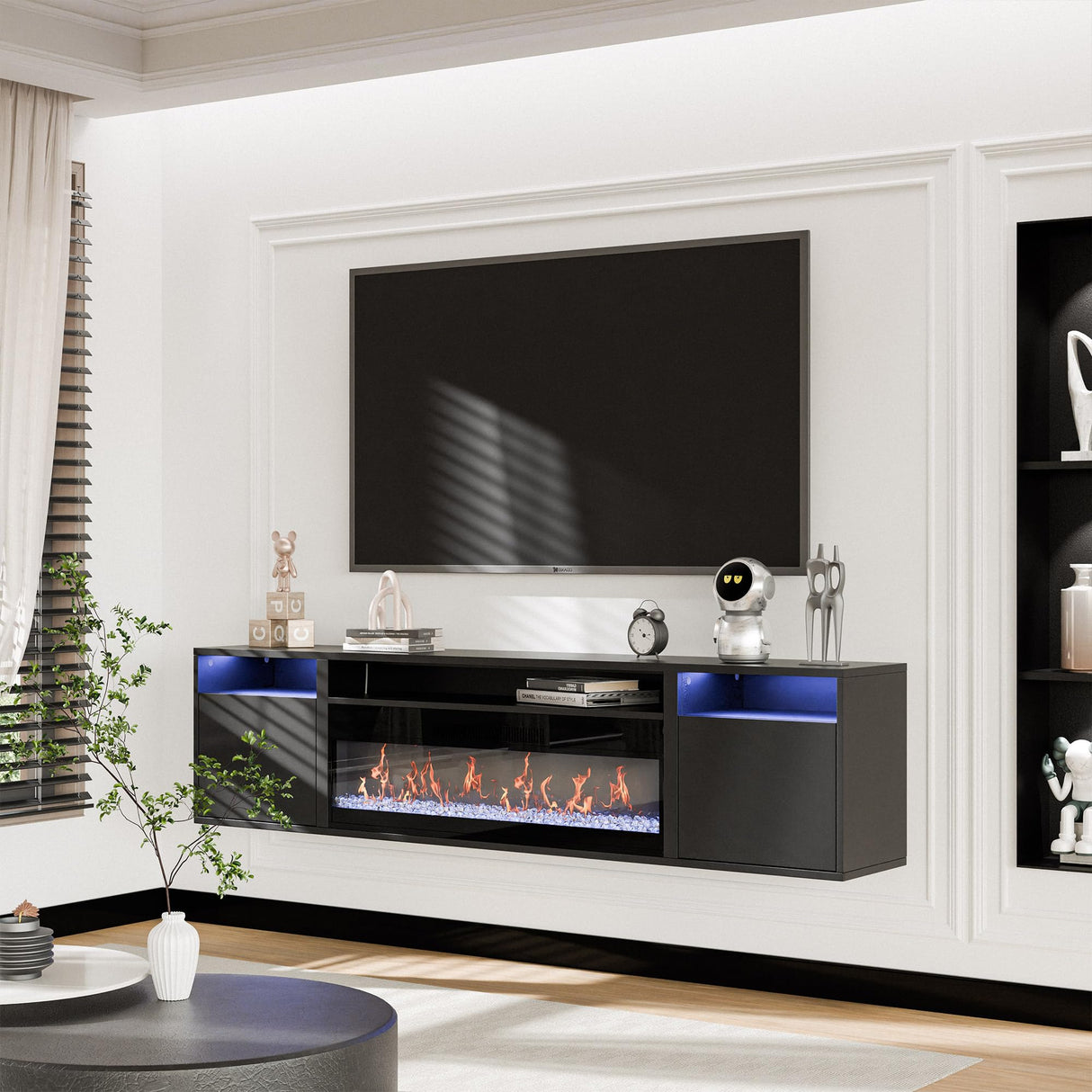 BELLEZE 70" Floating Fireplace TV Stand Wall Mounted with 36" Electric Fireplace,960 RGB Colors Entertainment Center with Storage for TVs up to 80", Modern Media Console TV Shelf for Living Room BELLEZE