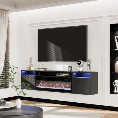 BELLEZE 70" Floating Fireplace TV Stand Wall Mounted with 36" Electric Fireplace,960 RGB Colors Entertainment Center with Storage for TVs up to 80", Modern Media Console TV Shelf for Living Room