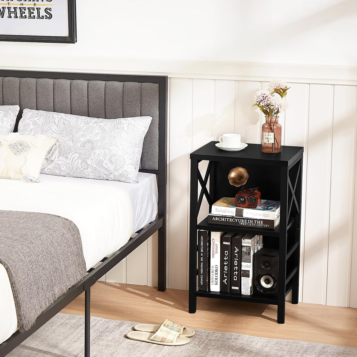 MNEETRUNG Small Bookcase,3 Tier Industrial Short Bookshelf with Metal Frame and Backboard,Low Black Bookshelf, Small Office Book Shelf for Small Spaces, Living Room, Bedroom and Home Office MNEETRUNG