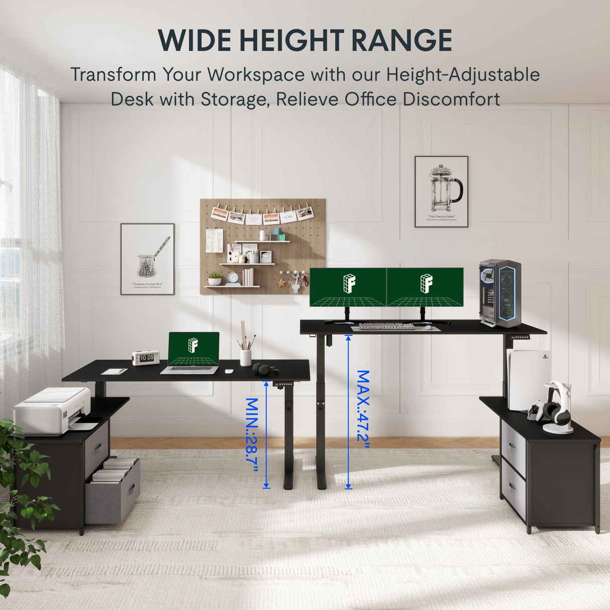 FLEXISPOT 63'' L Shaped Standing Desk with Drawers, Adjustable Height Desk with Shelves, Large Corner Stand Up Desk with Headphone Hooks for Home Office, Black Top+ Black Frame FLEXISPOT