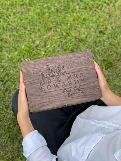 Custom Personalized Wooden Keepsake box - Wedding Card box, Anniversary, Engagement Gift for Couple, Bride, Groom, Wood Memory gift box (Walnut)