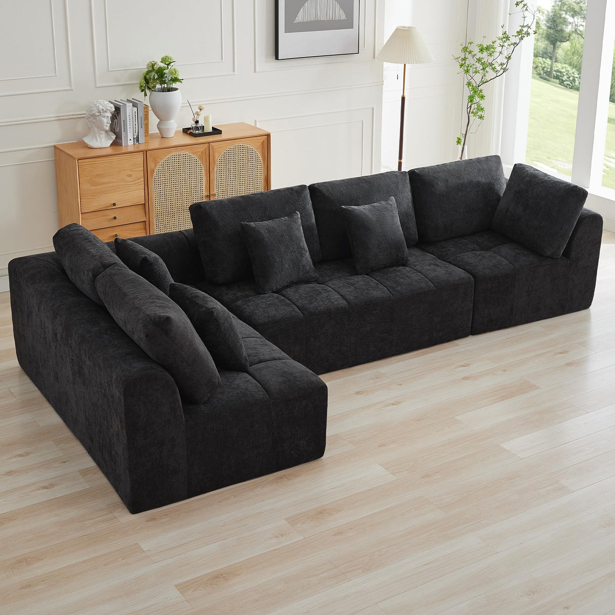 140''Modular Sectional Couches for Living Room, Cloud Boneless Compressed Sectional Sofa, Oversized L Shaped 5 Seater Upholstered Memory Foam Sofa, No Assembly, Chenille Black WUTUTUEE