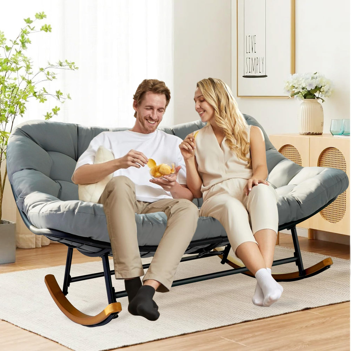 TIMWNER Double Papasan Patio Rocking Chair,Double Oversized Papasan Rocking Chair with Thick Cushions,Perfect for Indoor, Patio, or Balcony Use, Modern Outdoor Loverseat for Two.Grey TIMWNER