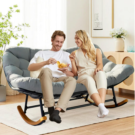 TIMWNER Double Papasan Patio Rocking Chair,Double Oversized Papasan Rocking Chair with Thick Cushions,Perfect for Indoor, Patio, or Balcony Use, Modern Outdoor Loverseat for Two.Grey TIMWNER