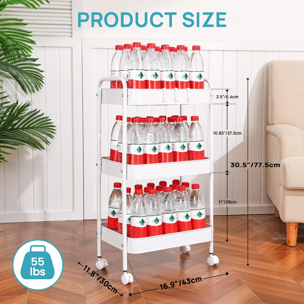 Vtopmart 3 Tier Metal Rolling Cart, Utility Rolling Carts with Wheels, Handle and Lockable Casters, Storage Trolley with Hooks, Easy Assemble for Kitchen, Living Room, Office, Nursery, Garage (White) Vtopmart