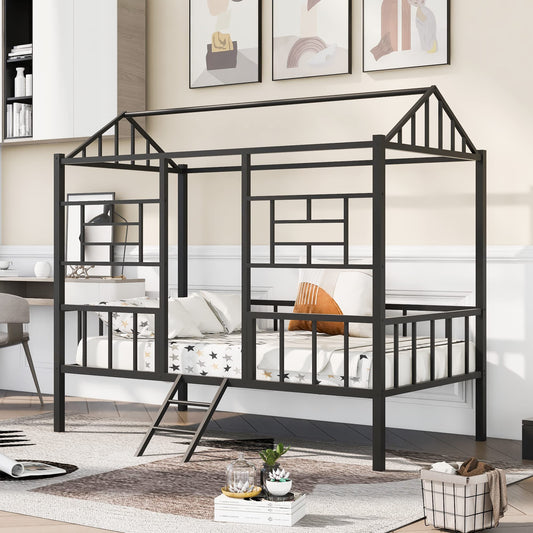 Harper & Bright Designs Metal Twin Size House Loft Bed for Kids, Low Loft Bed with Roof and Ladder, Junoir Loft Bed Twin for Girls Boys,Playhouse Bed Frame, Black