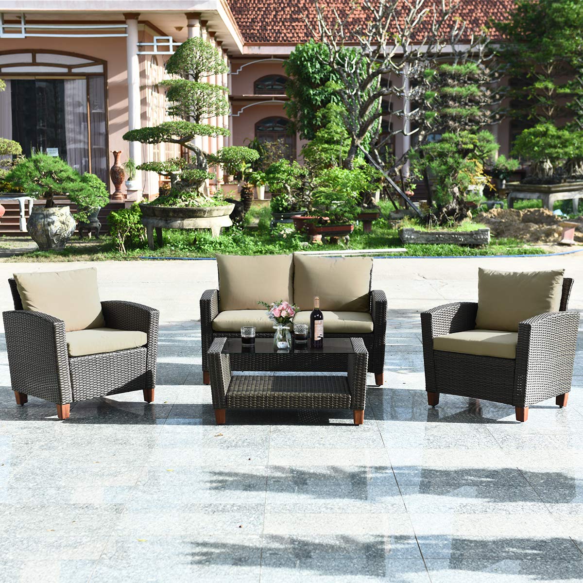 Tangkula 8 Pieces Patio Rattan Furniture Set, Outdoor Wicker Conversation Set with Seat & Back Cushion,and Tempered Glass Coffee Table with Shelf, for Porch, Poolside, Backyard, Garden Tangkula