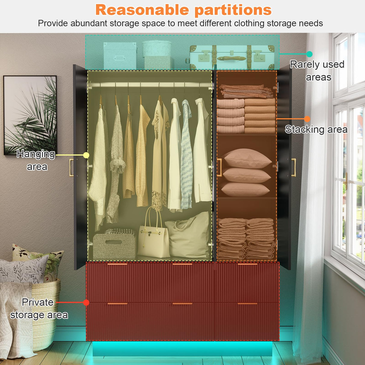 PAKASEPT Large Wardrobe Closet, Armoire Closet with Door and Mirror, LED Lights, Hanging Rod, Drawers, Armoires and Wardrobes for Bedroom (Black) PAKASEPT