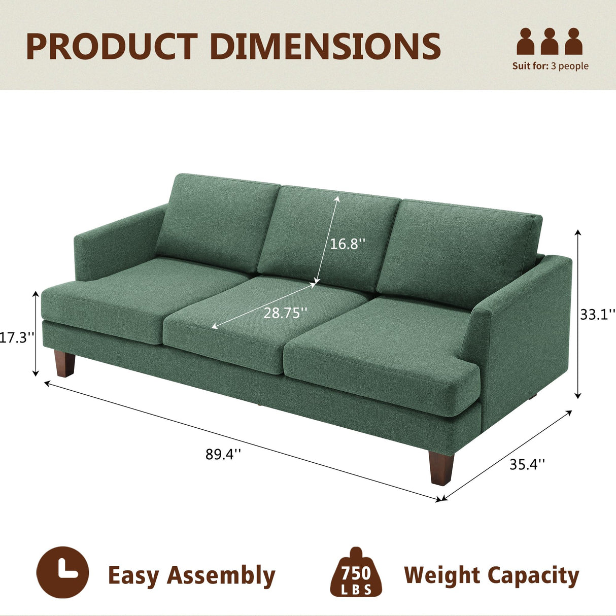 Busaurus 3 Seater Sofa Couch with Deep Seats, 89" Mid Century Modern Upholstered Sofa with Armrests, Comfy Couches for Living Room, Bedroom, Apartment and Office (Green) Busaurus