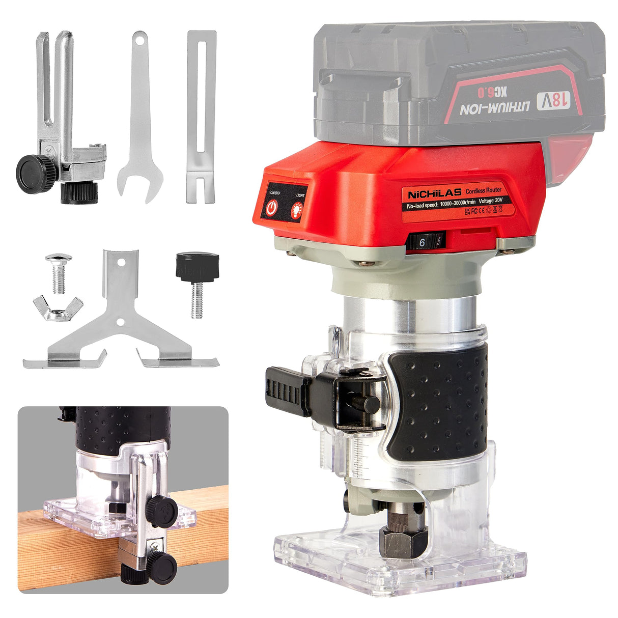 Nichilas Cordless Trimmer Routers for Milwaukee M18 Battery, Woodworking Joiner, Cutting Palmming Tool 6 Speed Adjustable, LED Light, 1/4" Collet with Guide Ruler and Wheel Nichilas