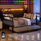Daybed with Trundle and LED Light, Heavy Duty Metal Full Bed Frame with Upholstered Storage Headboard & Charging Station, Day Bed Pop Up Trundle Bed for Living Room,Bedroom and Guest Room, Black Jocoevol