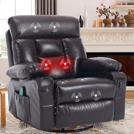 Comermax Oversized Swivel Rocker Recliner with Massage & Heat, Overstuffed Breathable Leather Recliners, Manual Rocking Recliners Modern Single Reclining for Living Room with Two Cup Holders, Brown Comermax