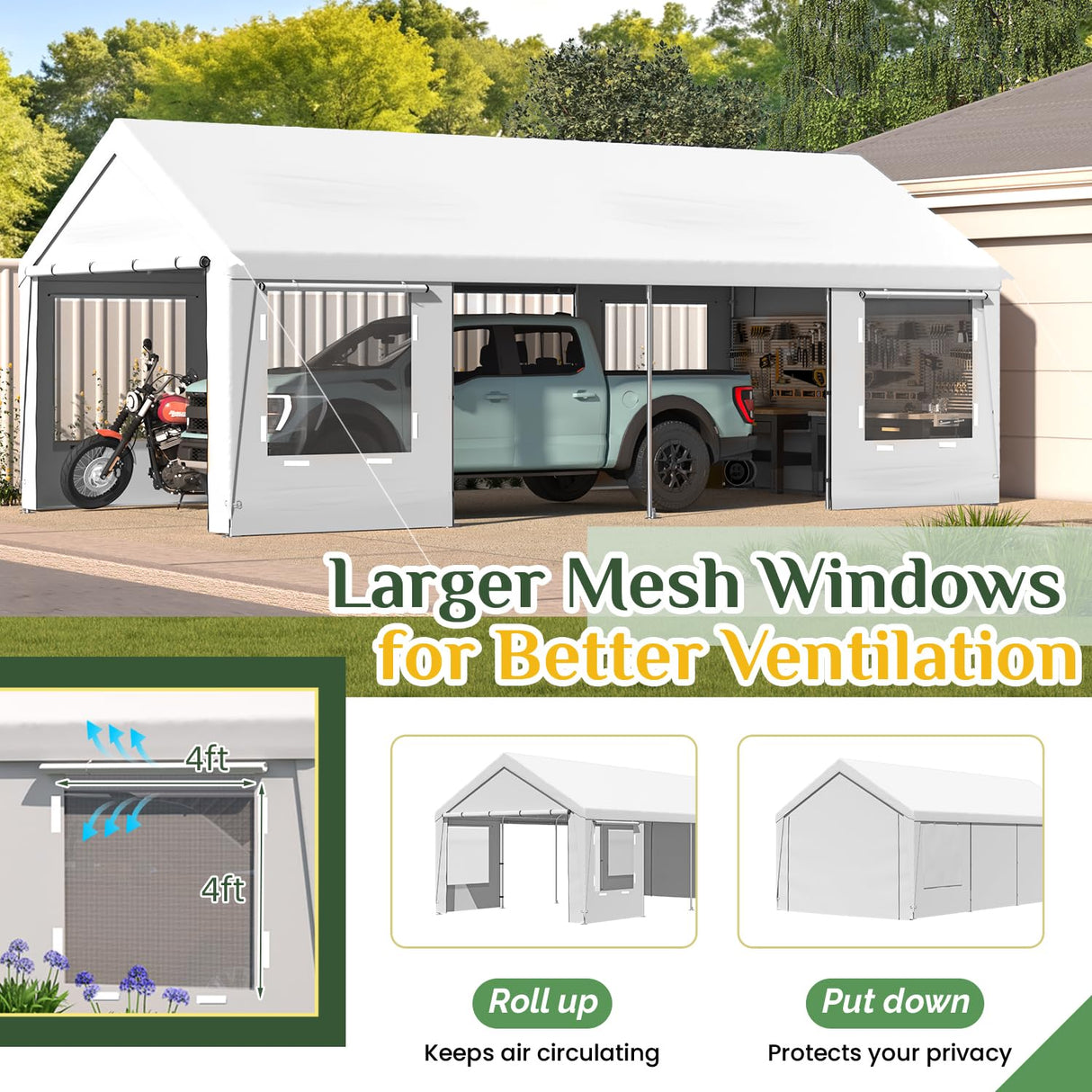 EROMMY 12' x 24' Heavy Duty Carport，Portable Garage with UV Protection & Steel Frame, Car Port with Removable Sidewalls, All-Season Car Canopy for Tractor, Truck, Boat, White EROMMY