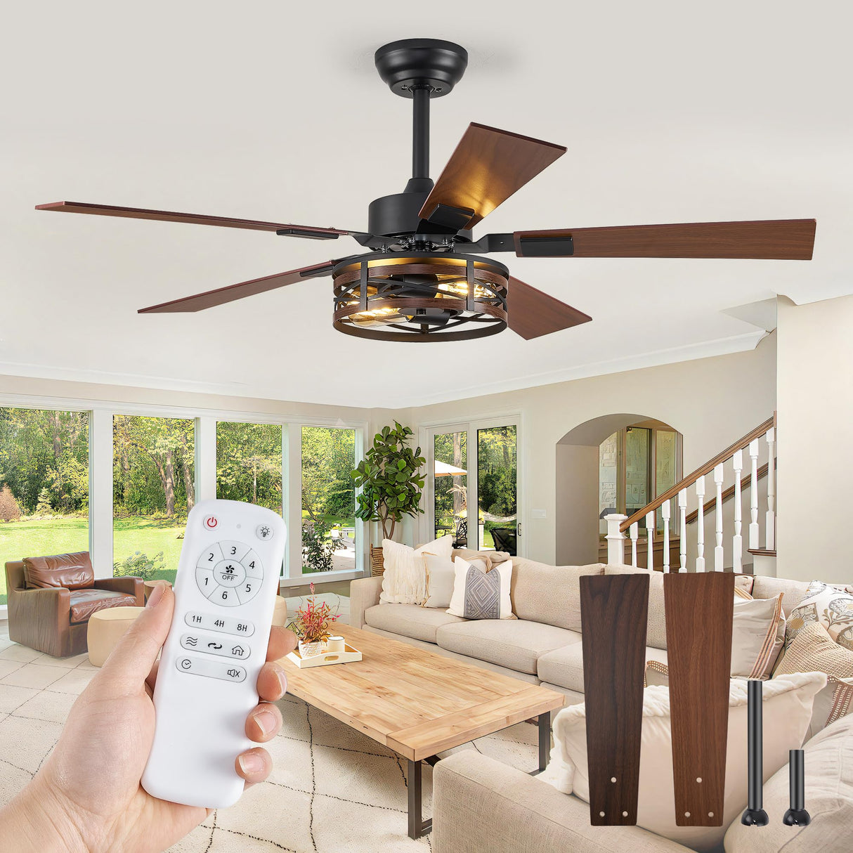 Farmhouse Ceiling Fans with Light, 48 Inch Bedroom Ceiling Fan with Lights, 6-Speed Adjustable, Quiet and Reversible DC Motor, Dual Finish 5 Blades, Rustic Caged Ceiling Fan for Living Room Fanbulous