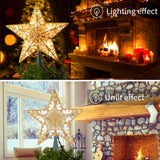 Christmas Star Tree Topper, 9.5 in Plug in Golden Glittered 3D Star Tree Topper, Metal Hollow Designed Built-in 10 Bulbs String Lights for Indoor Office Christmas New Year Holiday Tree Decoration Brightown