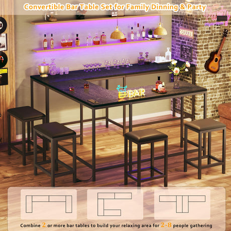 HUAHUU Bar Table and Chairs Set for 2-4, 63'' Convertible L-Shaped Kitchen Table with Power Outlets, 3 Piece Counter Height Small Dining Table with 2 Stools, Space Saving, Breakfast Nook Corner, Black HUAHUU