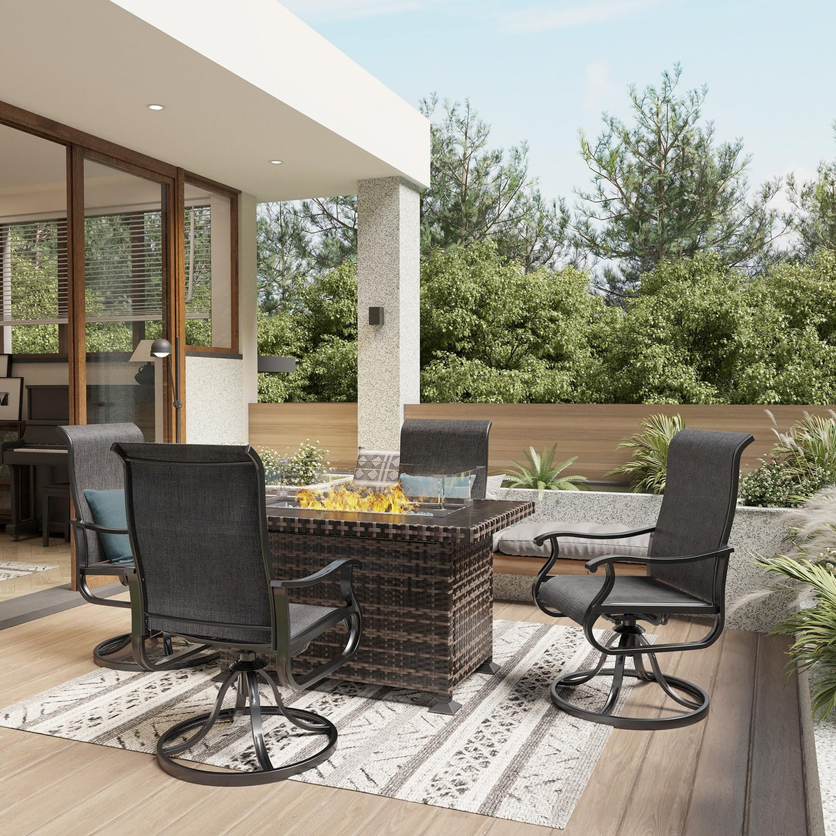 Amopatio 5 Pcs Patio Swivel Chairs and 44" Glass Top Propane Gas Fire Pit Table, All Weather Breathable Outdoor Furniture Set for Backyard Deck Lawn Garden, Dark Grey Amopatio