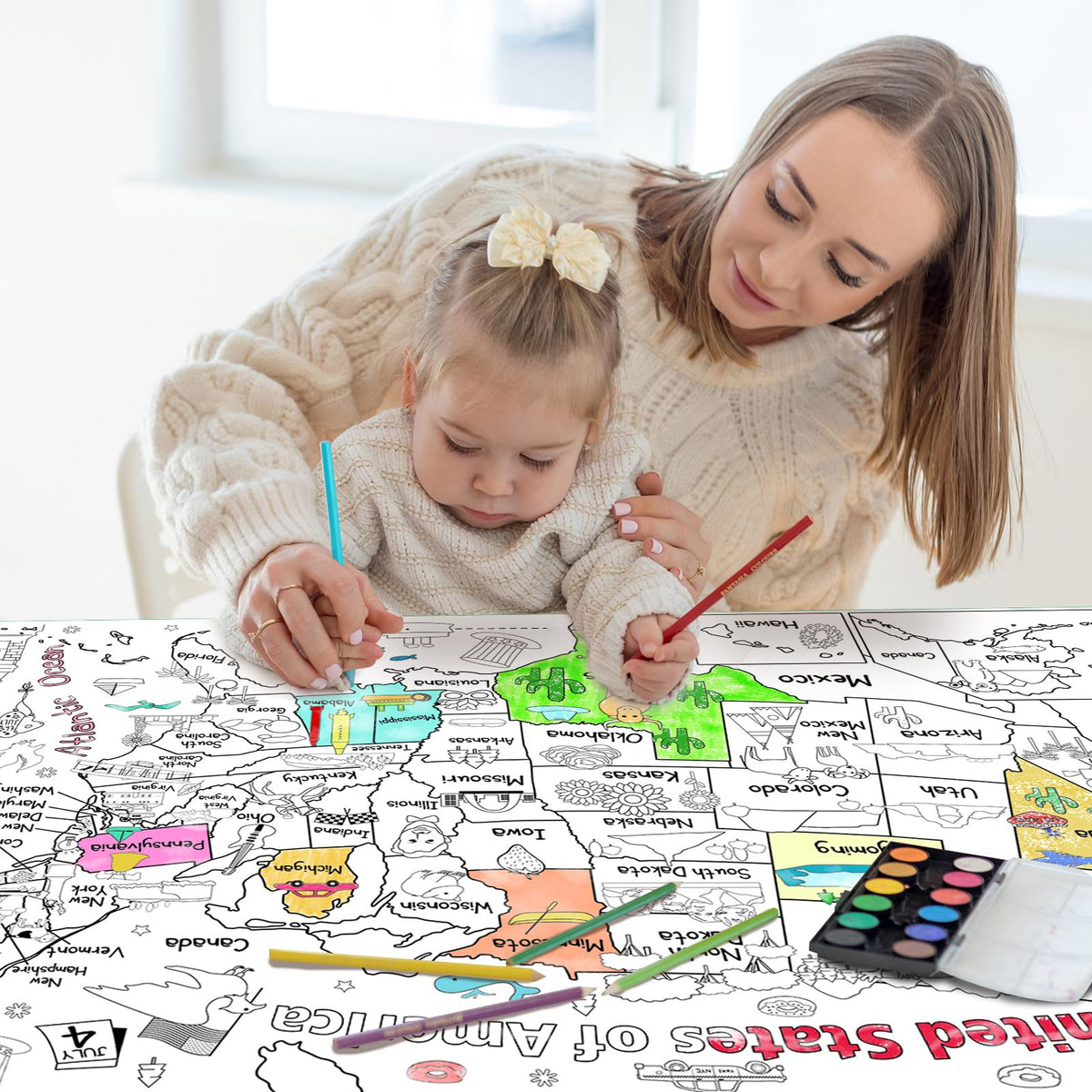 Licidecopai 54x33 Inch US Themed Giant Coloring Poster for Kids - Large US Map Coloring Table Cloth for Children's Birthday Party Licidecopai