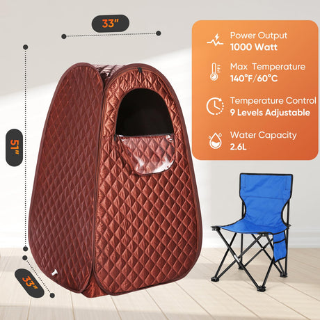 Single Person Sauna, Portable Steam Sauna Full Body for Home Spa, Sauna Tent with Steamer 2.6L 1000W Steam Generator, 90 Minute Timer, Chair, Remote Control Included(Brown) Steupoek